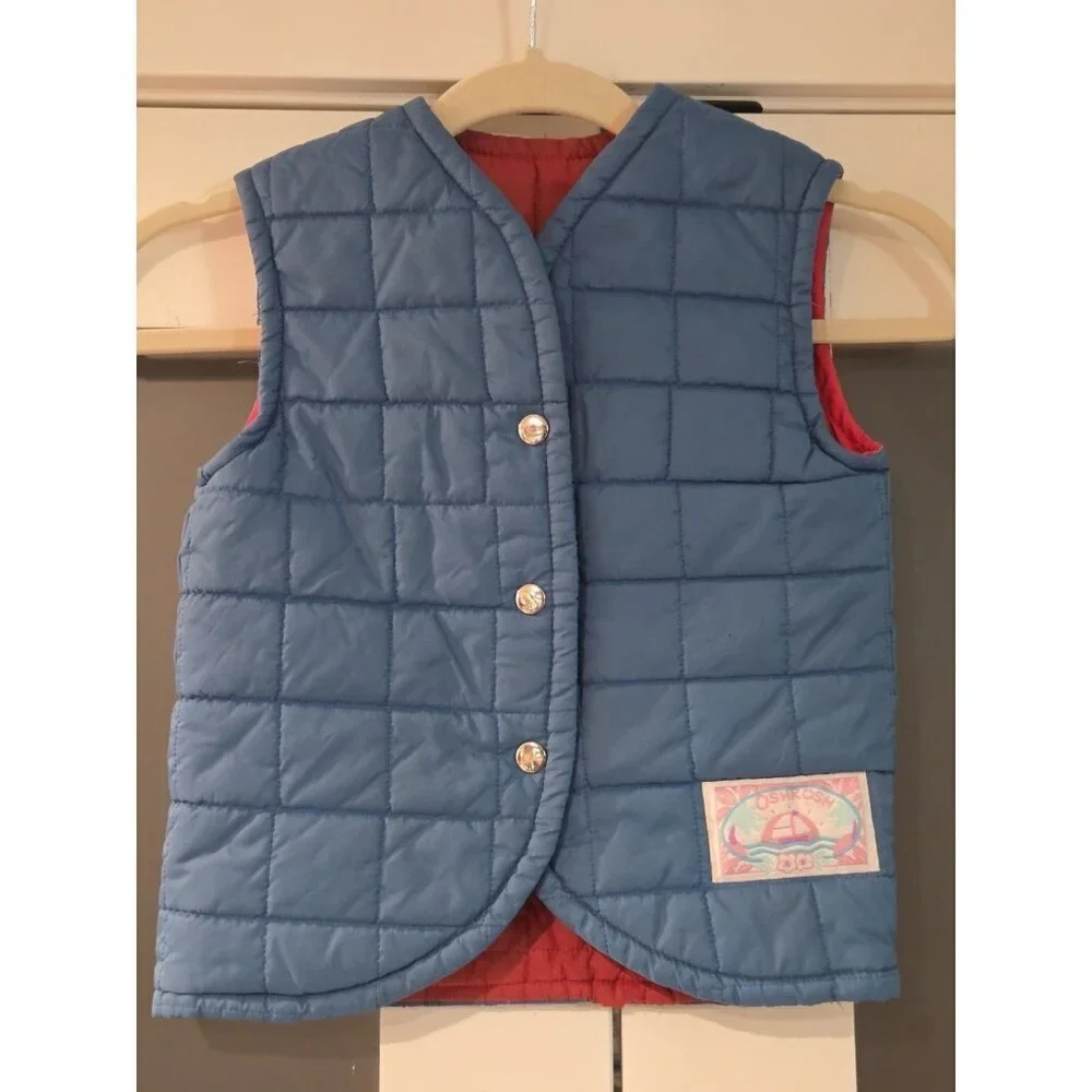 Vintage Oshkosh B'gosh Puffer Vest Kids Reversible Size S 7/8 Outdoor Blue Red